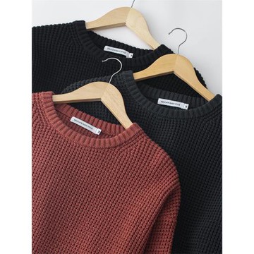 秋冬重磅針織衫男華夫格寬松圓領上衣外套復古加厚慵懶風毛衣情侶