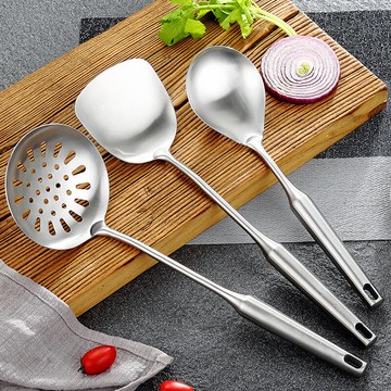304不銹鋼鍋鏟湯勺漏勺家用廚具一體長柄炒菜鏟子炒勺鐵菜鏟套裝