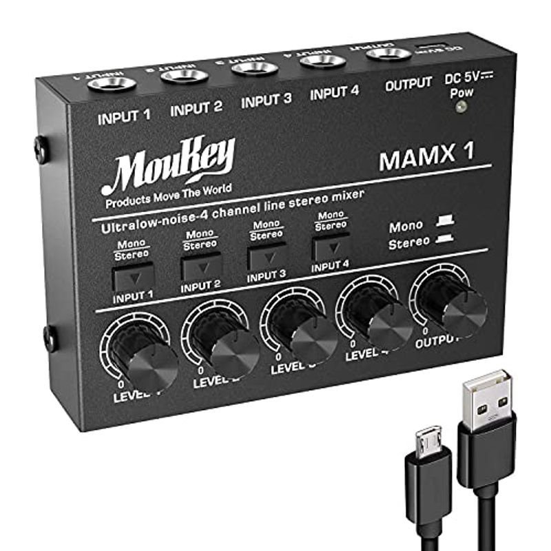 Moukey オーディオミキサー 4チャンネル usb DC 5V超低ノイズ サブミキシング用 ラインミキサー 小型ミニオーディオミキサー