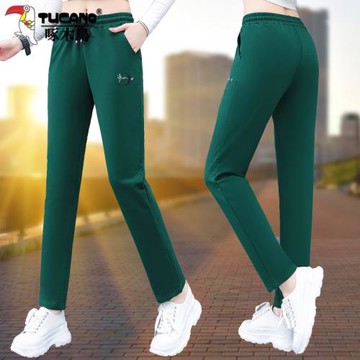 啄木鳥名牌直筒褲女士春秋中高腰褲子薄款休閑運動女褲媽媽九分褲