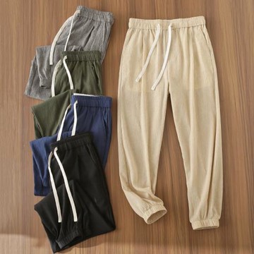 【線下298！棉麻面料！】夏季輕薄透氣休閑褲男束腳寬松長褲男褲