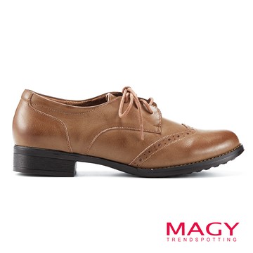 MAGY 英倫風牛貼皮綁帶低跟牛津鞋 棕色 #15795