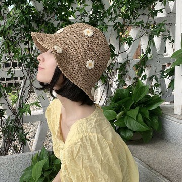 日系可愛仙女小花純手工編織大檐草帽女夏防曬旅游遮臉可折疊草帽