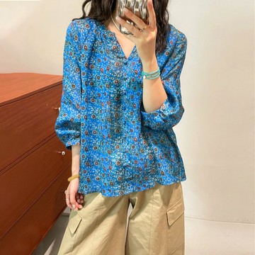 🌟折價券必買🌟中大尺碼 襯衫 復古碎花V領棉麻襯衫【015442】SEP02｜1色 現貨+預購 19LADY
