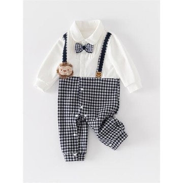 嬰兒春秋連體衣外出服洋氣男女寶寶百日背帶領結格子周歲禮服爬服