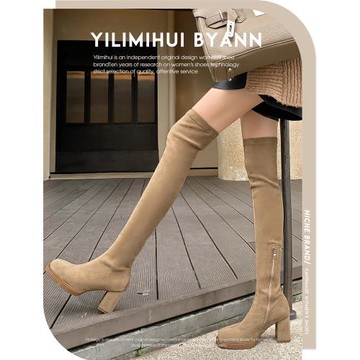 一力米灰 腿精穿搭~！過膝高跟彈力襪瘦瘦長靴2025新款絨面騎士靴