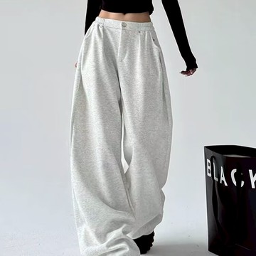 『癮品流行』紐扣 運動褲 女生褲子 外穿高腰 休閑衛褲 顯瘦窄版 闊腿褲長褲 M-2XL 寬鬆休閒長褲