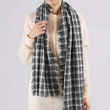 窄版格紋流蘇-灰綠 | 純羊毛圍巾