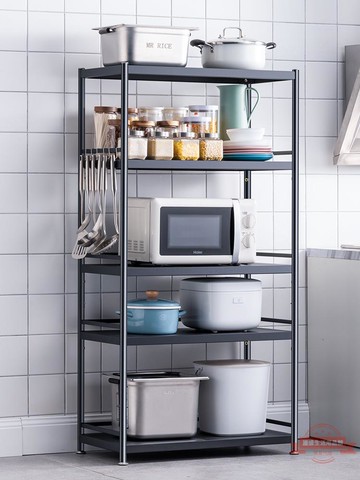 不銹鋼廚房置物架黑色落地式多層可移動微波爐烤箱鍋架子收納貨架