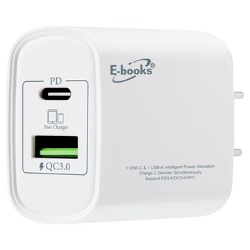 E-books B73 智能穩壓 20W PD + QC3.0雙孔快速充電器  白色  1盒