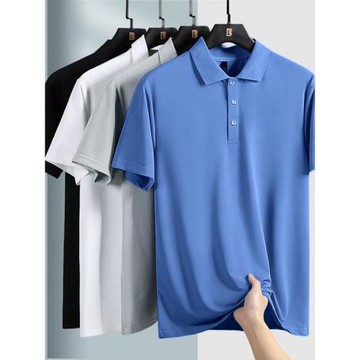 夏季POLO衫男薄款冰絲短袖t恤寬松彈力透氣休閑翻領體恤純色半袖