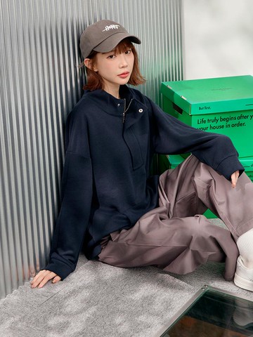 磨毛半開襟拉鍊落肩長袖上衣