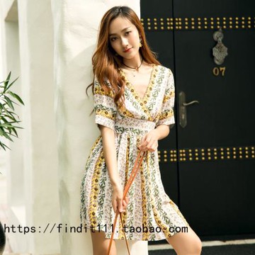 黃色條紋印花春夏新品 尼泊爾度假清新印花連衣裙 棉質輕膚短裙