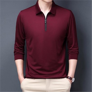 皮爾卡丹男裝秋季男士桑蠶絲半拉鏈長袖t恤中年打底POLO衫