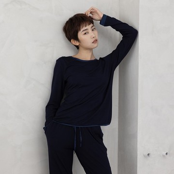 月系列‧緞邊長袖套裝-海軍藍