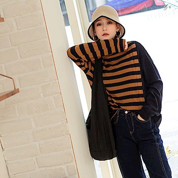 保暖針織高領橫條紋拼接長袖上衣-OB嚴選