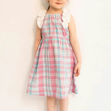 日本 BRANSHES - 100%棉 荷葉肩背心洋裝-格紋-粉紅