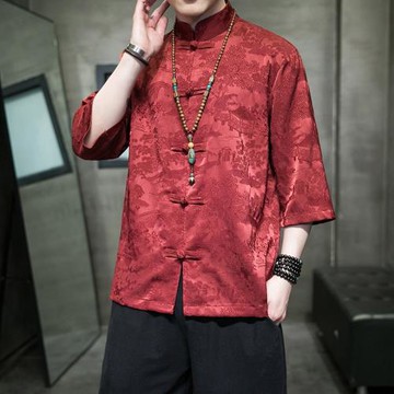 夏季薄款中國風冰絲短袖襯衫男士休閑盤扣唐裝提花五分中袖襯衣男