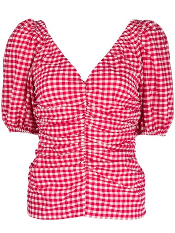 GANNI - check-print V-neck blouse - women - Polyester/Polyamide/Elastane - 40 - Pink