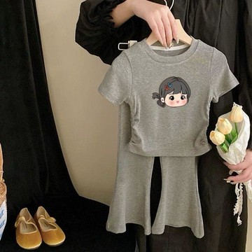 🎀biubiu童裝🎀夏季女童洋氣新款短袖休閒外穿套裝喇叭褲印花中大童裝兩件套