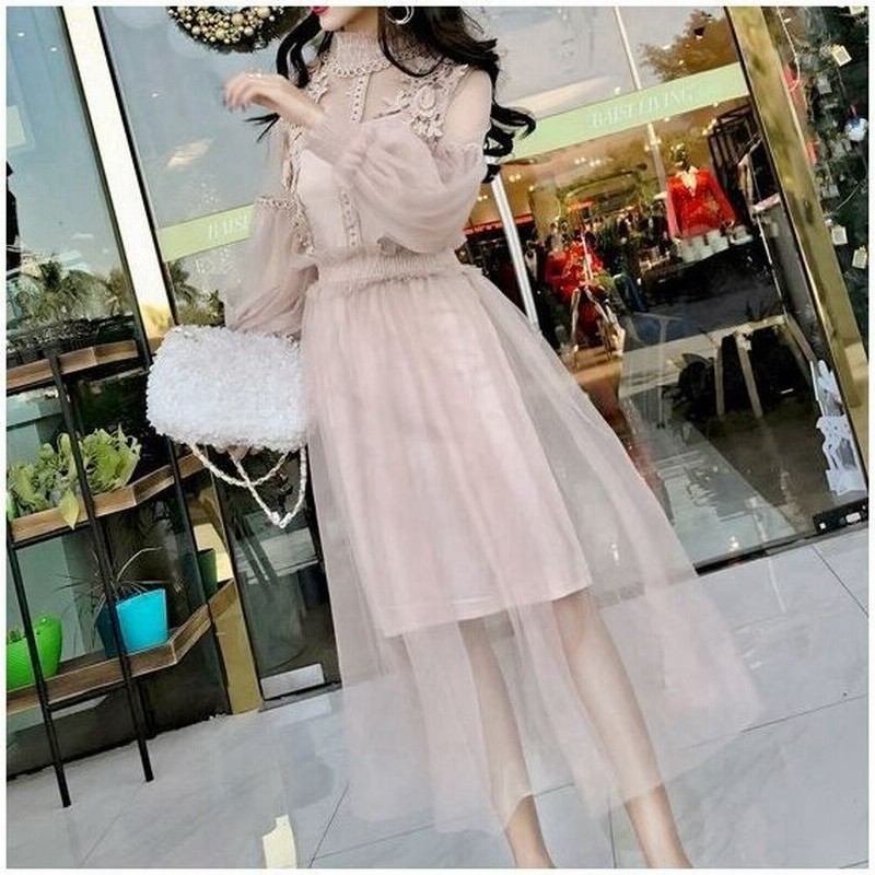 結婚式やちょっとしたパーティーにも ３色展開 レース メッシュ ワンピースドレス ランタンスリーブ 長袖 ふんわり 通販 Lineポイント最大get Lineショッピング