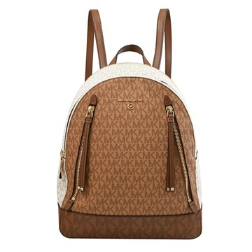 MICHAEL KORS BROOKLYN 撞色印花皮革雙層拉鍊後背包.咖/白