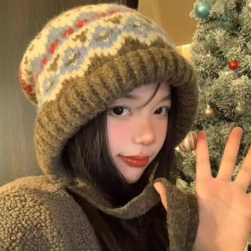 免運💯TUME費爾島風針織帽子女復古兩用包包帽保暖毛線帽護耳街頭風 修飾臉型仿羊絨帽 韓風百搭 秋冬季保暖帽子