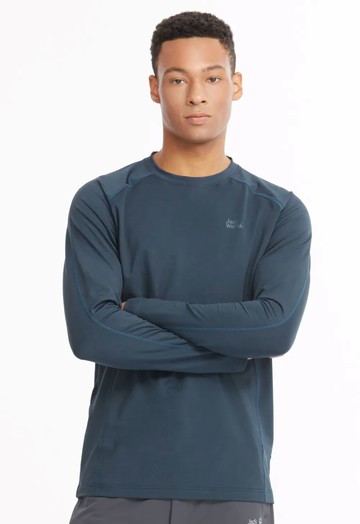 【Jack Wolfskin 飛狼】男 極簡素色圓領抗菌保暖排汗衣 長袖T恤『深藍』(174031)