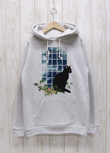 立式黑貓連帽衫 Window MOON Heather 白 / R031-P-HWH