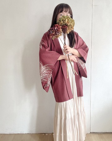 日本製古著羽織和服外套藕粉紫和風織紋印花薄款