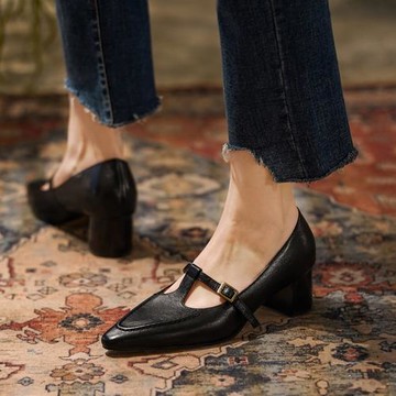 法式小方頭復古瑪麗珍鞋女 丁字扣帶粗跟中跟小皮鞋 淺口春秋單鞋