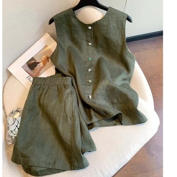 【雅韻衣櫥】 復古 墨綠色 無袖 棉麻 老錢風 套裝 女 夏季 新 高級感 氣質 短褲 兩件套