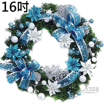 16吋成品樹圈(繽紛藍)，聖誕節/聖誕佈置/聖誕掛飾/聖誕裝飾/聖誕吊飾/聖誕花材，X射線【X102611】