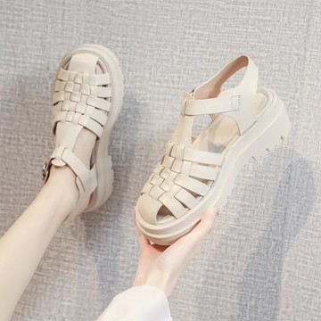 厚底豬籠鞋女鞋2024夏季新款復古休閑真皮鏤空編織包頭羅馬涼鞋