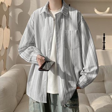 杏色條紋長袖襯衫男生春秋新款港風復古寬松慵懶松弛感襯衣服外套