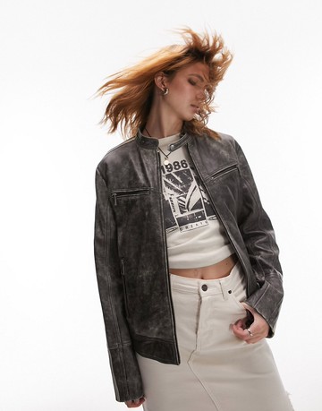 Topshop real leather stripe moto racer jacket in black