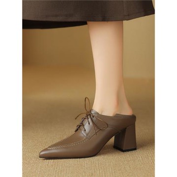 歐美尖頭高跟鞋女氣質真皮系帶英倫風小皮鞋粗跟深口懶人兩穿單鞋
