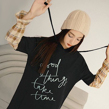 OB嚴選-長版假兩件格紋拼接印花連帽長袖上衣