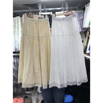 韓國外單精致鏤空刺繡花A半身裙女純棉白色浪漫法式大擺度假長裙