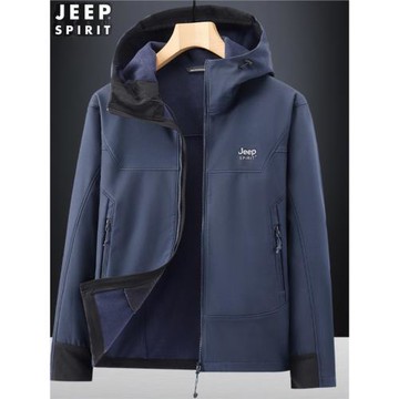 吉普JEEP加絨夾克男士中年寬松連帽戶外彈力休閑時尚帥氣上衣外套