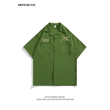 BOYUE帛躍夏季刺繡古巴領襯衫男士日系垂感復古風vibe百搭短袖潮