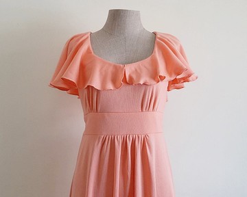 S號復古橘色長洋裝 女款斗篷洋裝 高腰線洋裝 晚宴洋裝