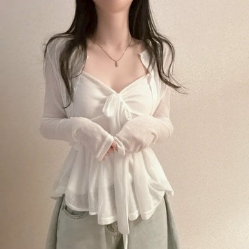 【太妮絲KA15】現貨 韓系 超柔軟 白色罩衫+綁帶背心 兩件式 套裝吊帶上衣+罩衫套裝 微透氣質款 仙氣感上衣 約會穿
