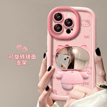 KT貓咪鏡面適用蘋果17/16/15手機殼iphone14貓咪鏡面支架13可愛卡通12全包防摔