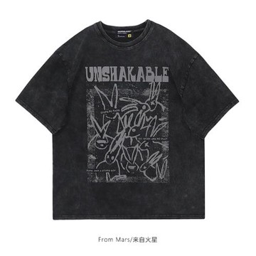 From Mars 擁擠的兔子 暗黑系動物字母印花圓領短袖T恤寬松街頭bf