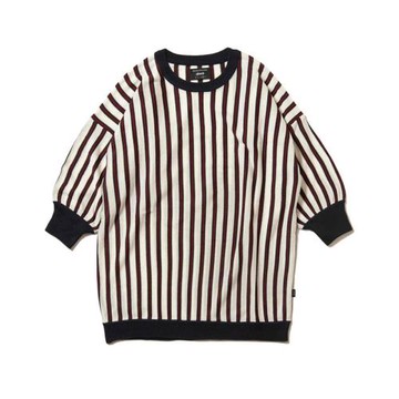 日系復古高端圓領條紋經典七分袖針織衫春夏情侶款針織燈籠袖t恤