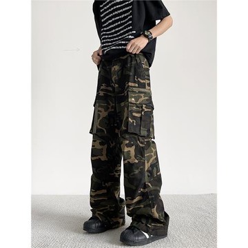 復古重磅迷彩工裝褲男女闊腿多口袋vibe做舊直筒寬松微喇哈倫長褲