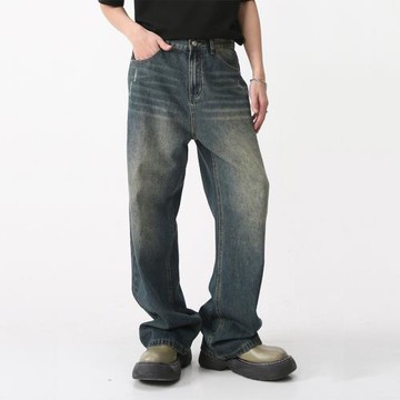 港風經典做舊復古磨白貓須藍色牛仔褲男寬松直筒闊腿墜感拖地老爹