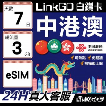 LINKGO白鑽卡 中港澳 eSIM卡 7天總流量3GB 免翻牆支援LINE FaceBook(中港澳網卡 中國 大陸 香港 澳門 虛擬卡)