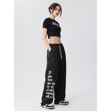 清倉撿漏~抽繩復古高街運動衛褲女爵士舞寬松直筒高腰印花休閑褲